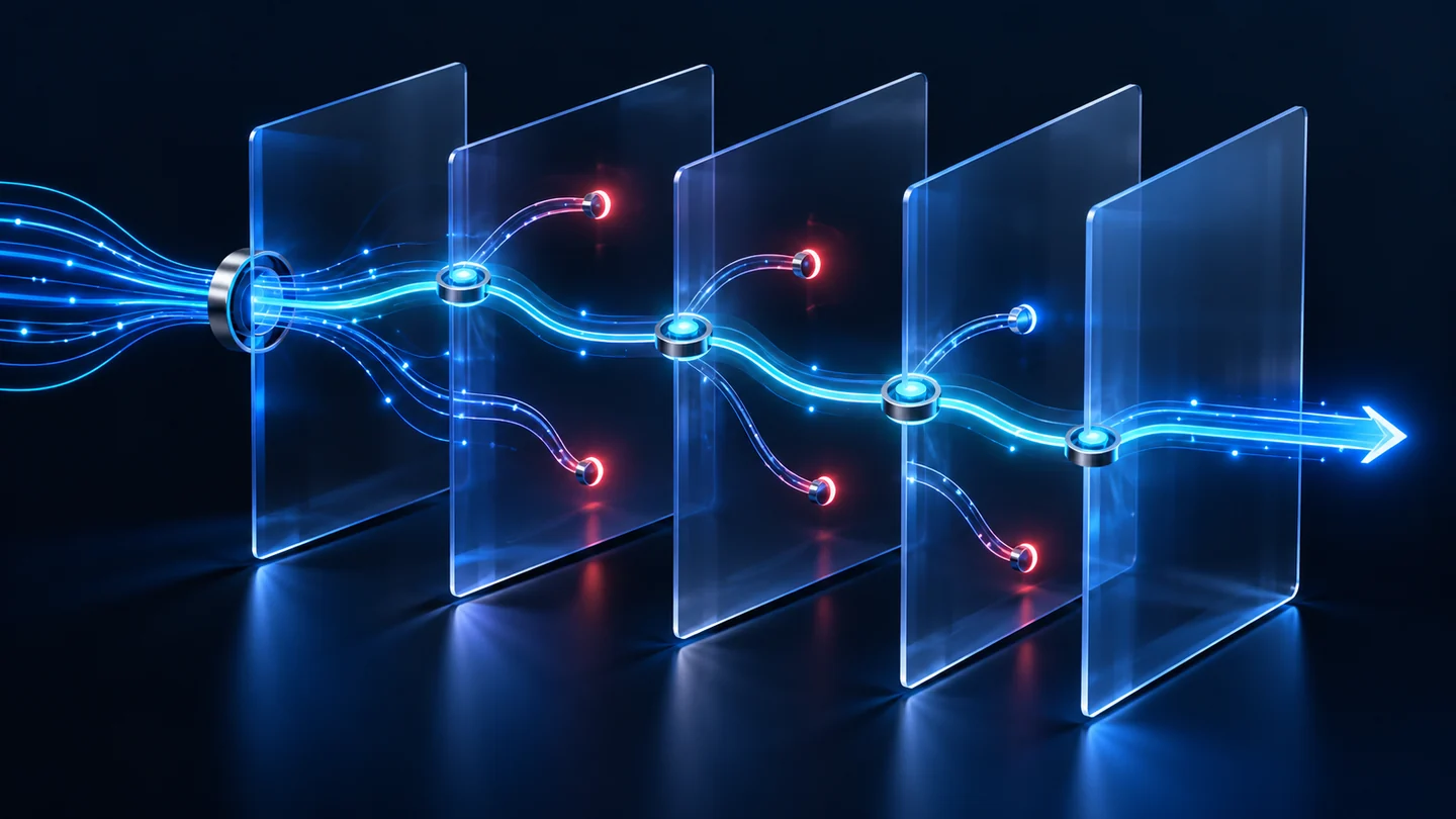 Blue data pathways pass through review checkpoints, with some paths held aside.