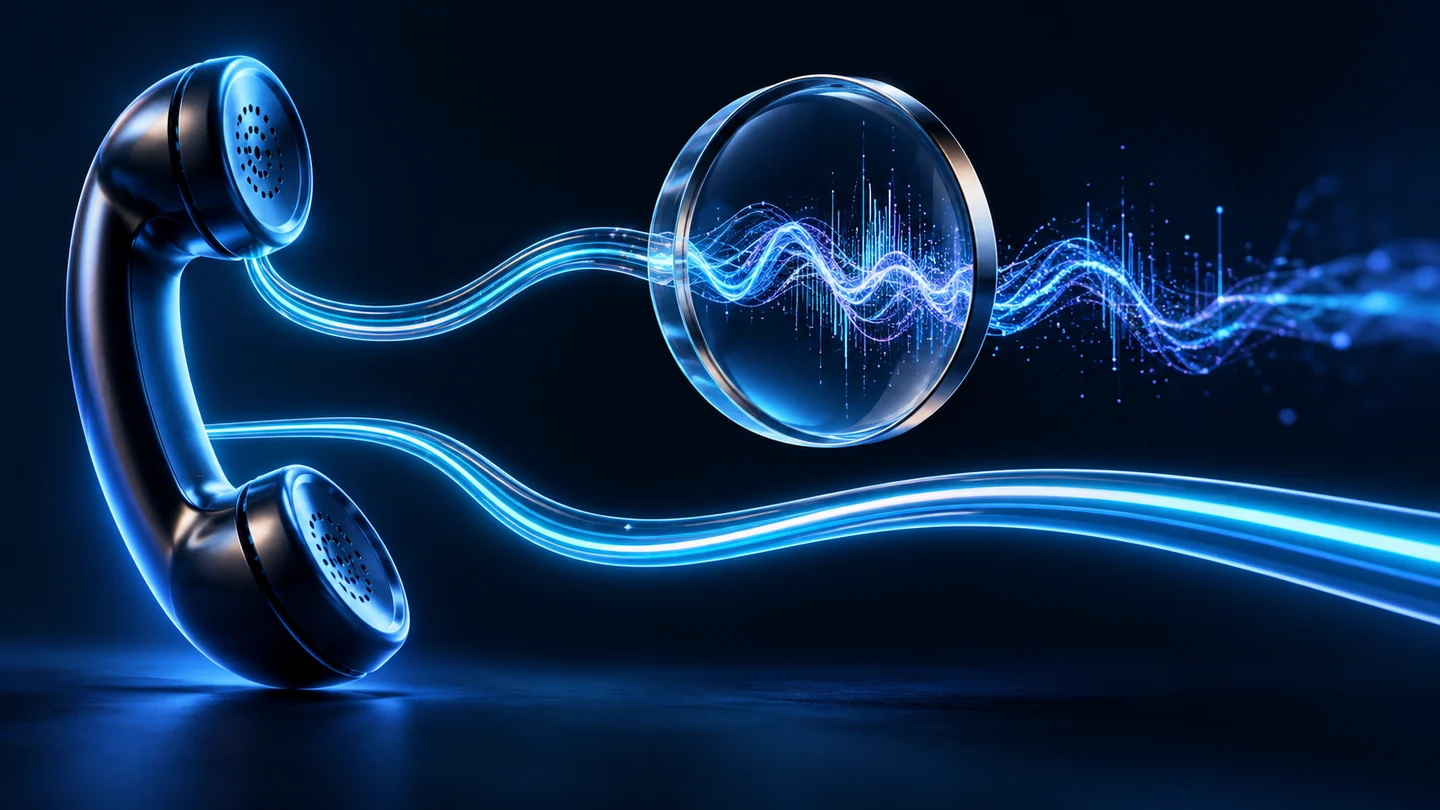 A telephone handset sends blue signal waves through a transparent analysis lens.