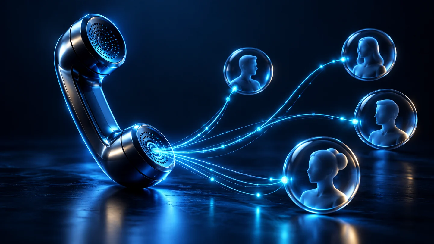 A telephone handset connected to abstract contact profiles by blue light trails.